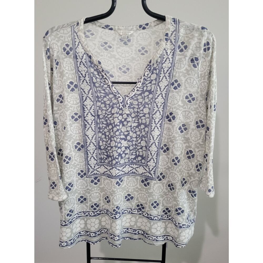 VTG Lucky Brand Size 1X/1G Blue & Sage Printed 3/4 Sleeve Top